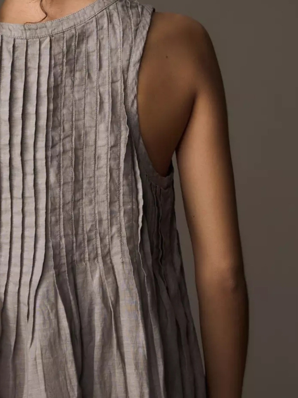 Anthropologie UNHEMMED Sleeveless Pleated Mini Dress in Taupe - Picture 4 of 7